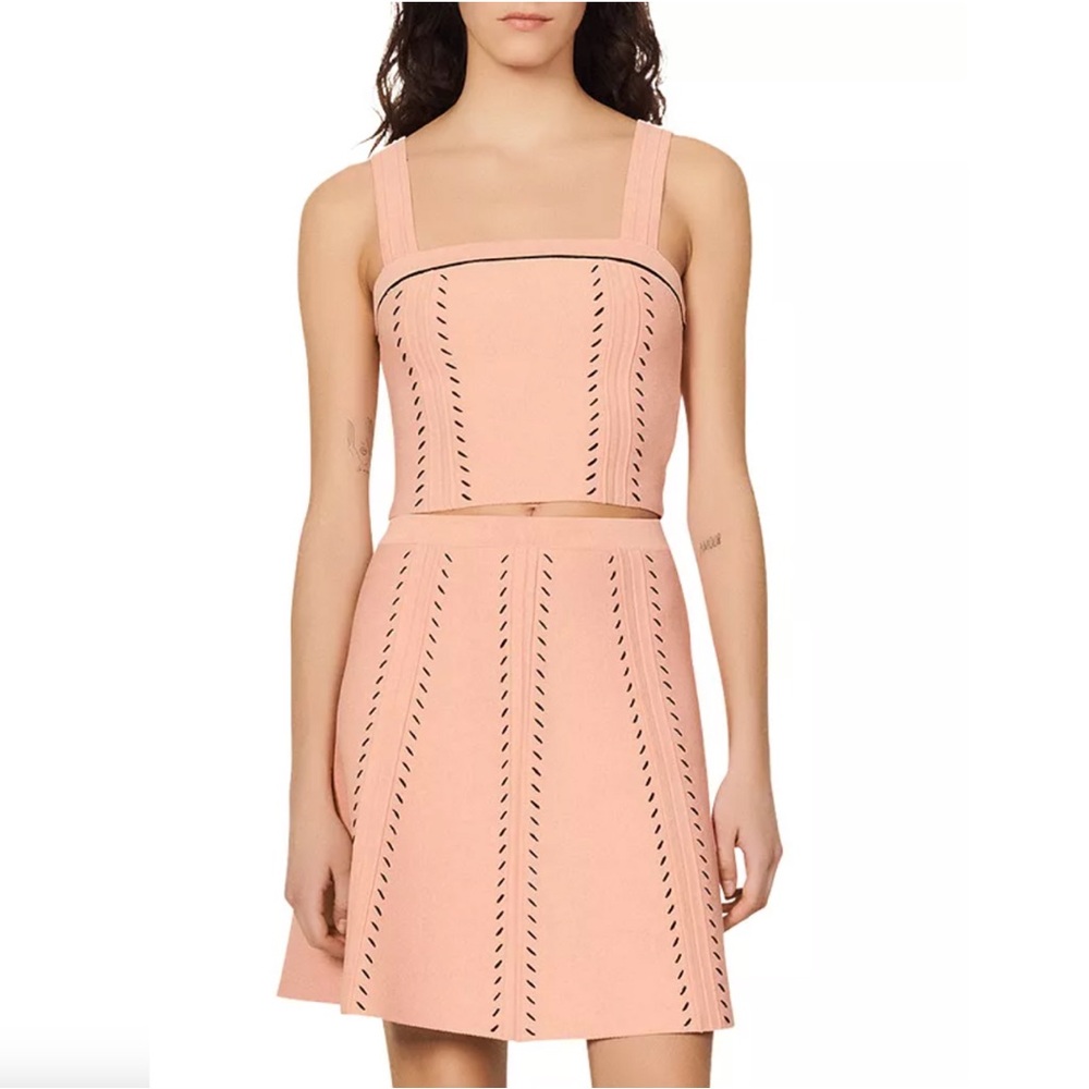Sandro | Salmon pink "Figari" elastic knit crop top with black trim | Size S - Picture 3 of 6